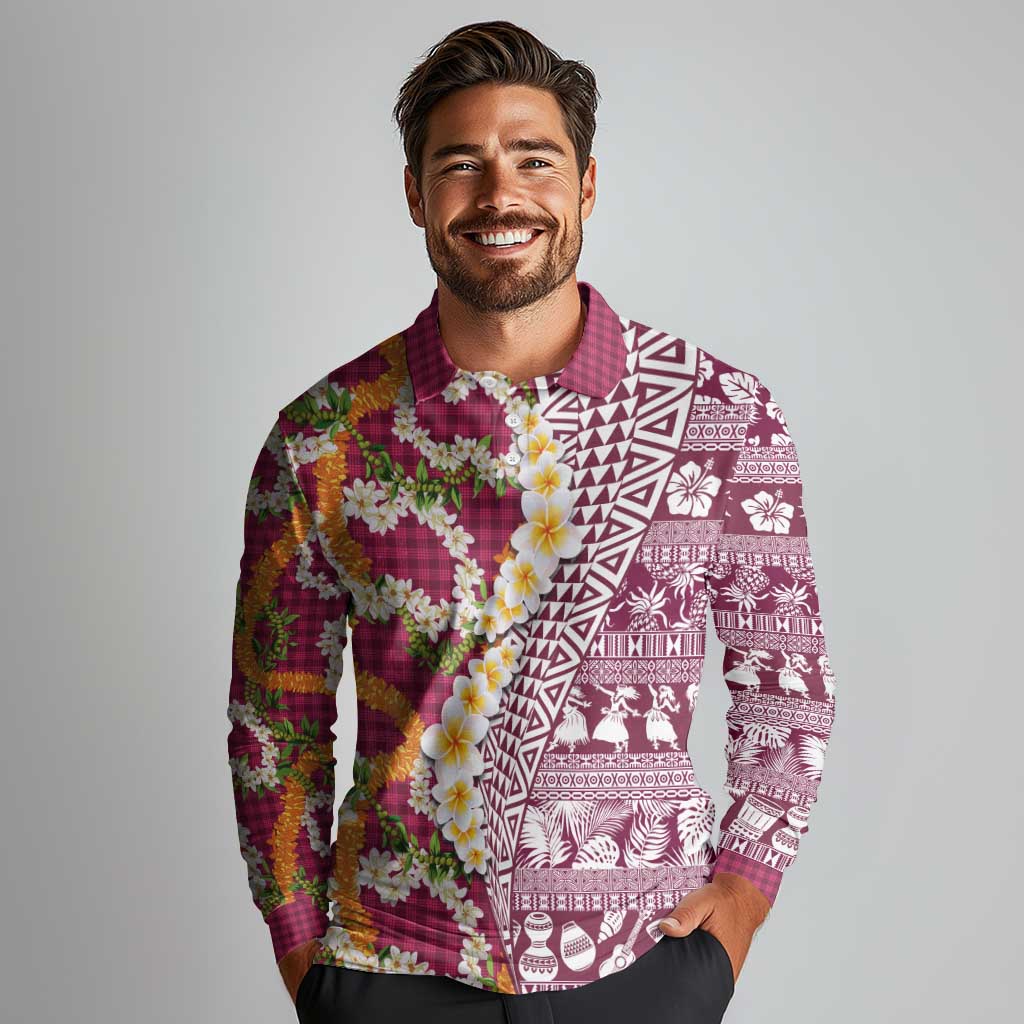 Hawaiian Plumeria Lei Long Sleeve Polo Shirt Kakau Motifs and Palaka Half Style Pink Color LT03 - Polynesian Pride