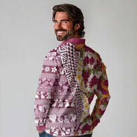 Hawaiian Plumeria Lei Long Sleeve Polo Shirt Kakau Motifs and Palaka Half Style Pink Color LT03 - Polynesian Pride