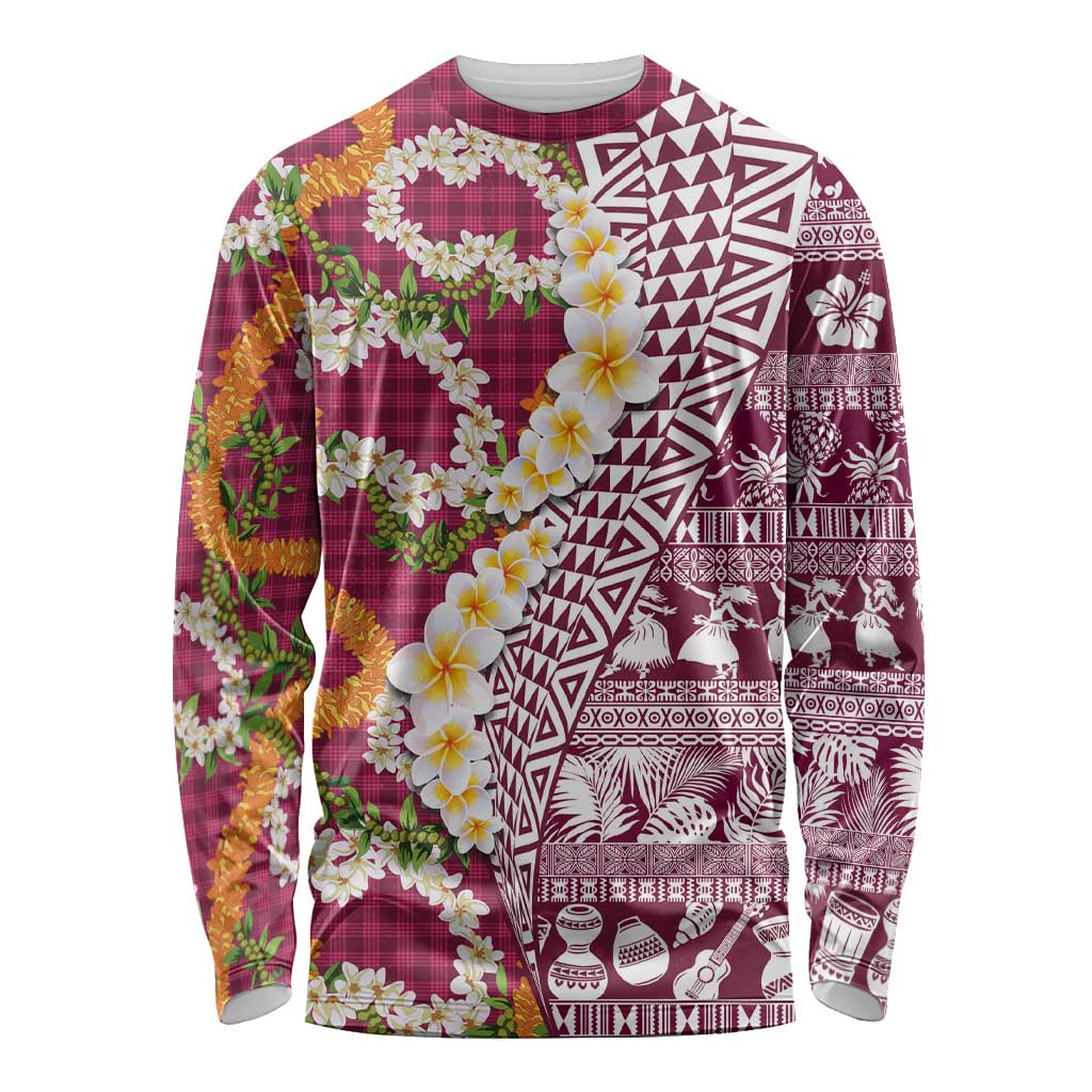 Hawaiian Plumeria Lei Long Sleeve Shirt Kakau Motifs and Palaka Half Style Pink Color LT03 Unisex Pink - Polynesian Pride