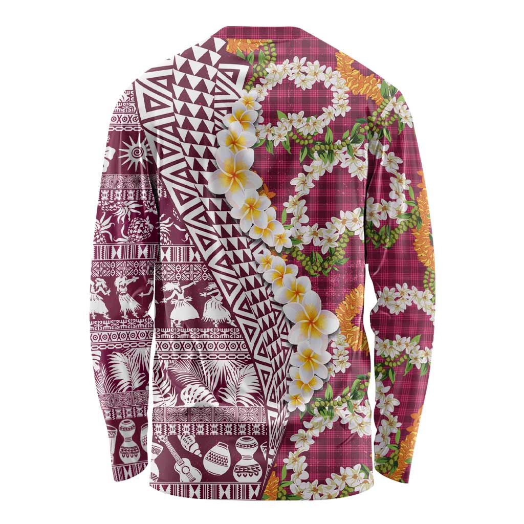 Hawaiian Plumeria Lei Long Sleeve Shirt Kakau Motifs and Palaka Half Style Pink Color LT03 - Polynesian Pride