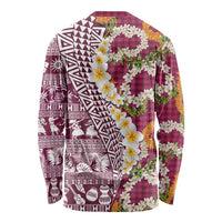 Hawaiian Plumeria Lei Long Sleeve Shirt Kakau Motifs and Palaka Half Style Pink Color LT03 - Polynesian Pride