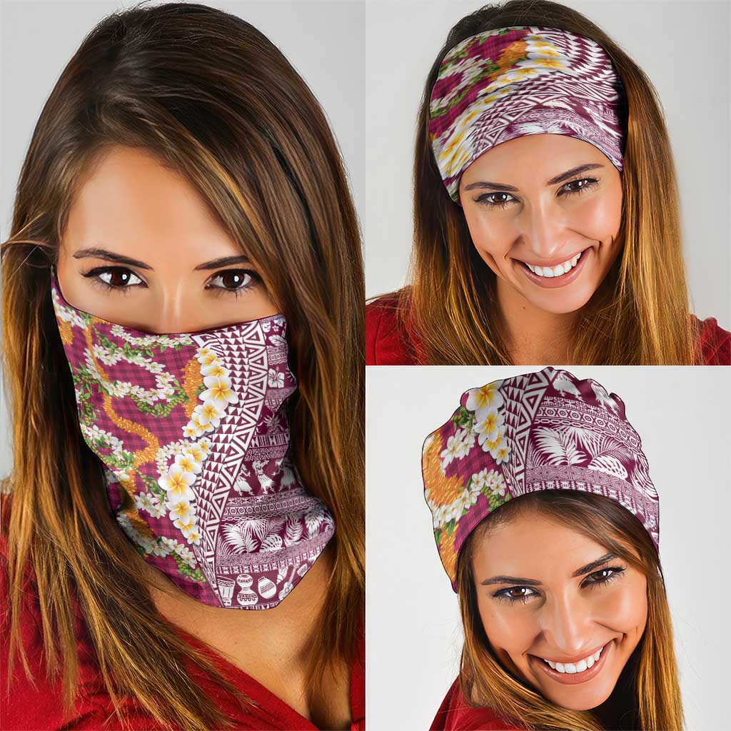 Hawaiian Plumeria Lei Neck Gaiter Kakau Motifs and Palaka Half Style Pink Color LT03 - Polynesian Pride