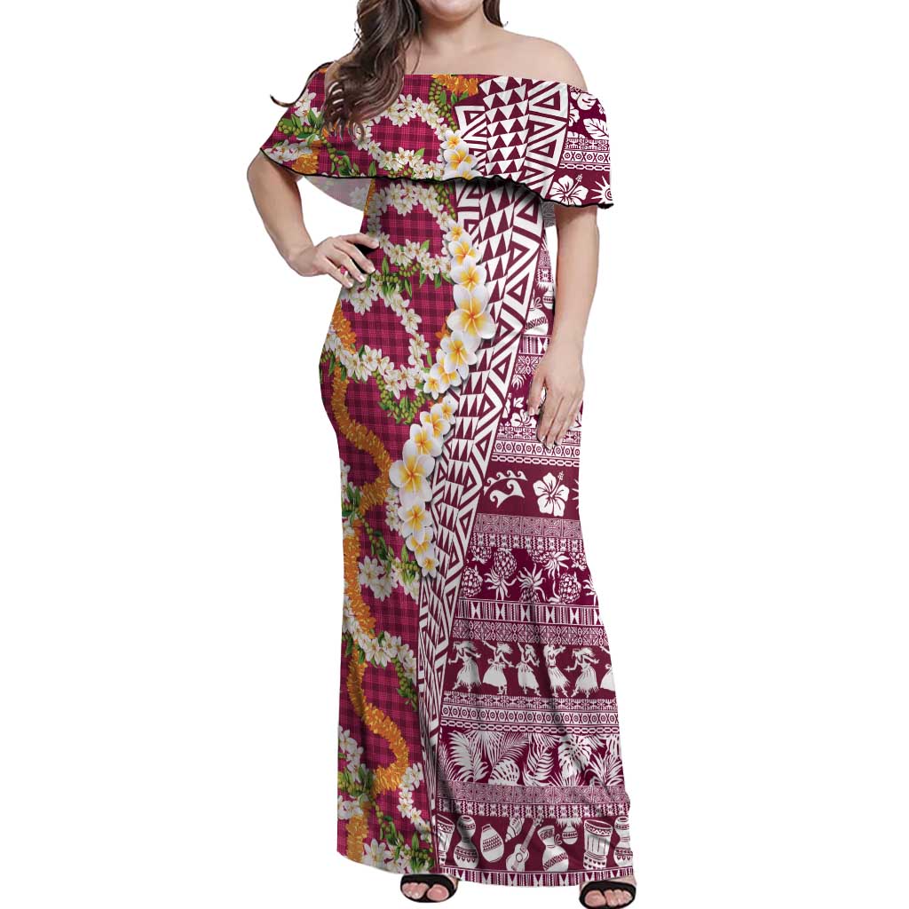 Hawaiian Plumeria Lei Off Shoulder Maxi Dress Kakau Motifs and Palaka Half Style Pink Color LT03 Women Pink - Polynesian Pride