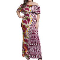 Hawaiian Plumeria Lei Off Shoulder Maxi Dress Kakau Motifs and Palaka Half Style Pink Color LT03 Women Pink - Polynesian Pride