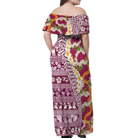 Hawaiian Plumeria Lei Off Shoulder Maxi Dress Kakau Motifs and Palaka Half Style Pink Color LT03 - Polynesian Pride