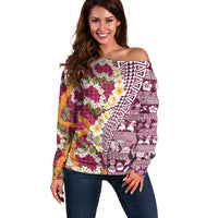 Hawaiian Plumeria Lei Off Shoulder Sweater Kakau Motifs and Palaka Half Style Pink Color LT03 Women Pink - Polynesian Pride