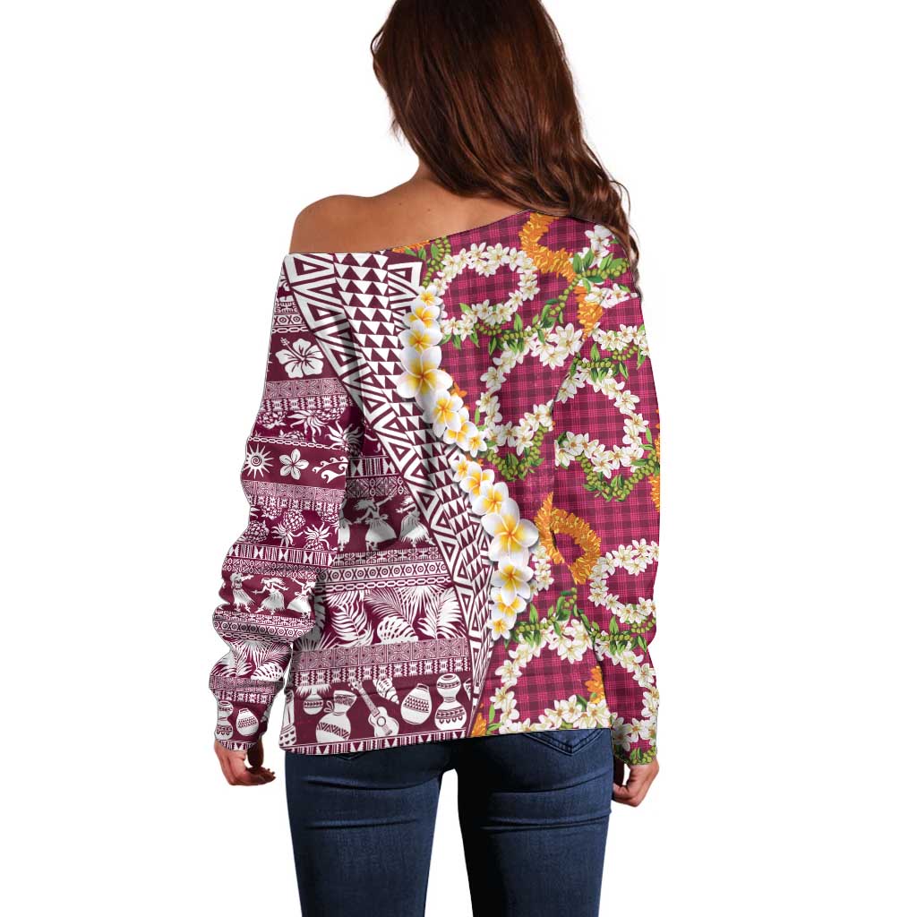 Hawaiian Plumeria Lei Off Shoulder Sweater Kakau Motifs and Palaka Half Style Pink Color LT03 - Polynesian Pride