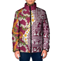 Hawaiian Plumeria Lei Padded Jacket Kakau Motifs and Palaka Half Style Pink Color LT03 Men Pink - Polynesian Pride