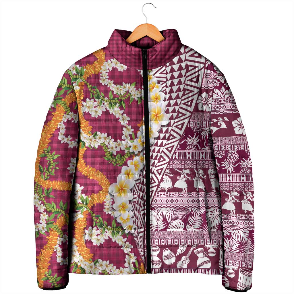 Hawaiian Plumeria Lei Padded Jacket Kakau Motifs and Palaka Half Style Pink Color LT03 - Polynesian Pride