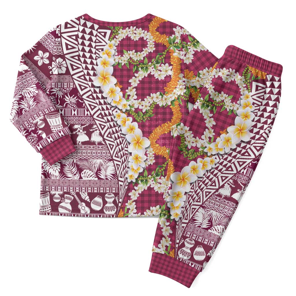 Hawaiian Plumeria Lei Christmas Pajama Set Kakau Motifs and Palaka Half Style Pink Color LT03 - Polynesian Pride