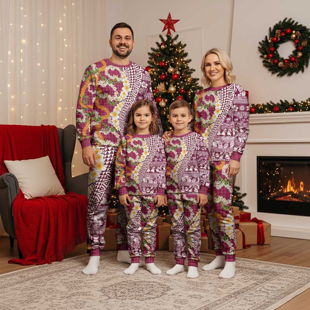 Hawaiian Plumeria Lei Christmas Pajama Set Kakau Motifs and Palaka Half Style Pink Color LT03 - Polynesian Pride