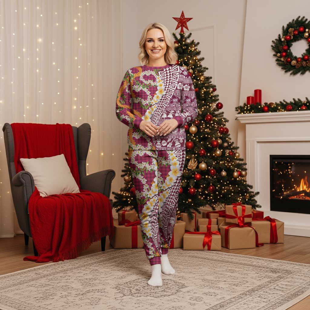 Hawaiian Plumeria Lei Christmas Pajama Set Kakau Motifs and Palaka Half Style Pink Color LT03 Women Pink - Polynesian Pride