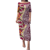Hawaiian Plumeria Lei Puletasi Kakau Motifs and Palaka Half Style Pink Color LT03 Long Dress Pink - Polynesian Pride