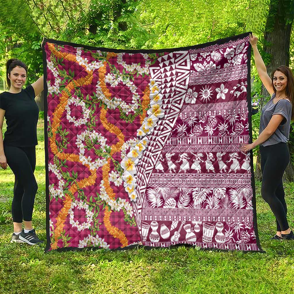 Hawaiian Plumeria Lei Quilt Kakau Motifs and Palaka Half Style Pink Color LT03 - Polynesian Pride