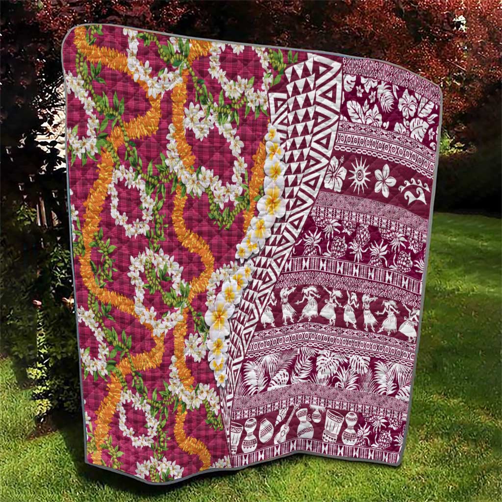 Hawaiian Plumeria Lei Quilt Kakau Motifs and Palaka Half Style Pink Color LT03 - Polynesian Pride