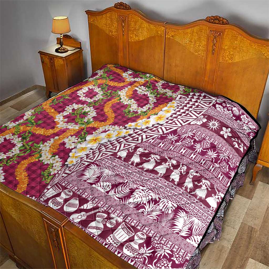 Hawaiian Plumeria Lei Quilt Kakau Motifs and Palaka Half Style Pink Color LT03 - Polynesian Pride