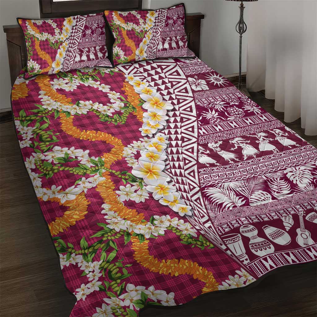Hawaiian Plumeria Lei Quilt Bed Set Kakau Motifs and Palaka Half Style Pink Color LT03 Pink - Polynesian Pride