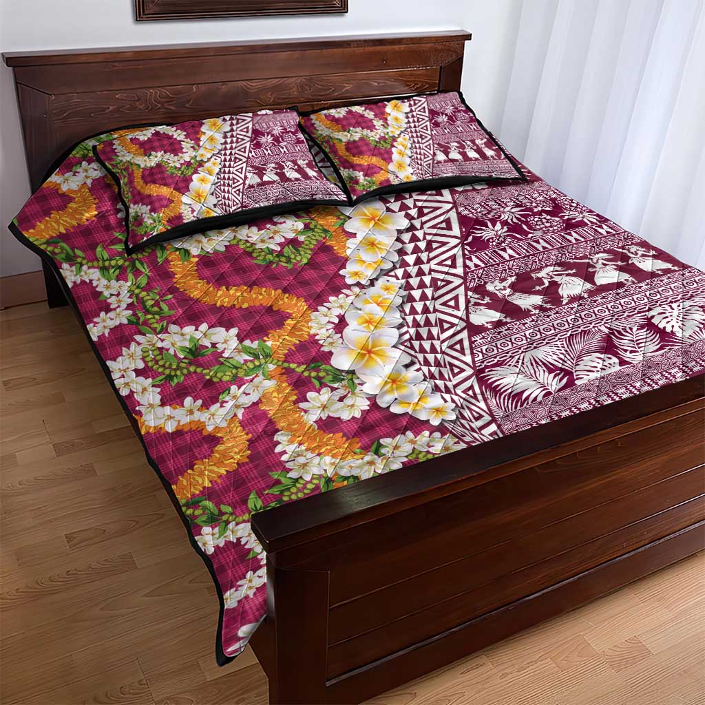 Hawaiian Plumeria Lei Quilt Bed Set Kakau Motifs and Palaka Half Style Pink Color LT03 - Polynesian Pride