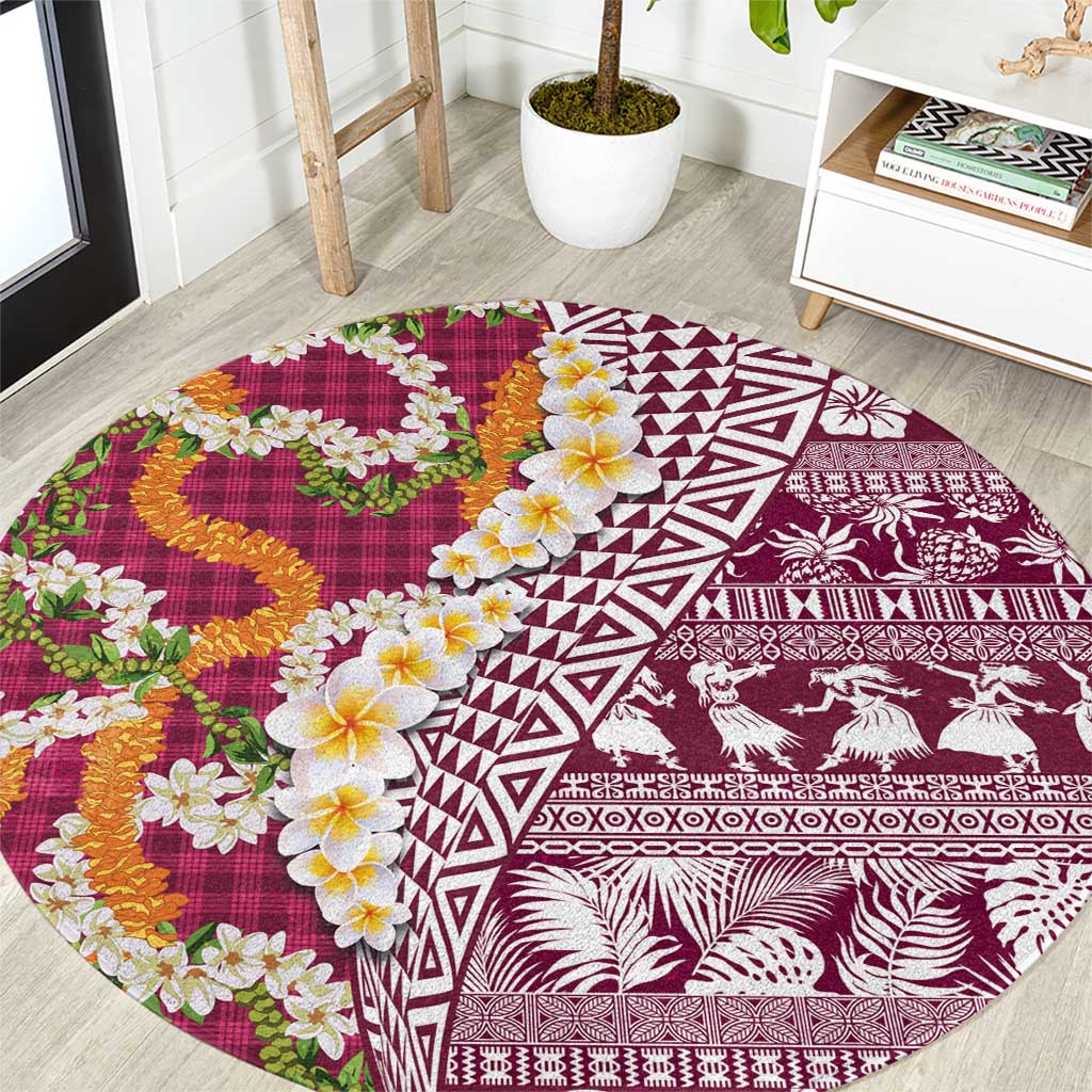 Hawaiian Plumeria Lei Round Carpet Kakau Motifs and Palaka Half Style Pink Color LT03 Pink - Polynesian Pride