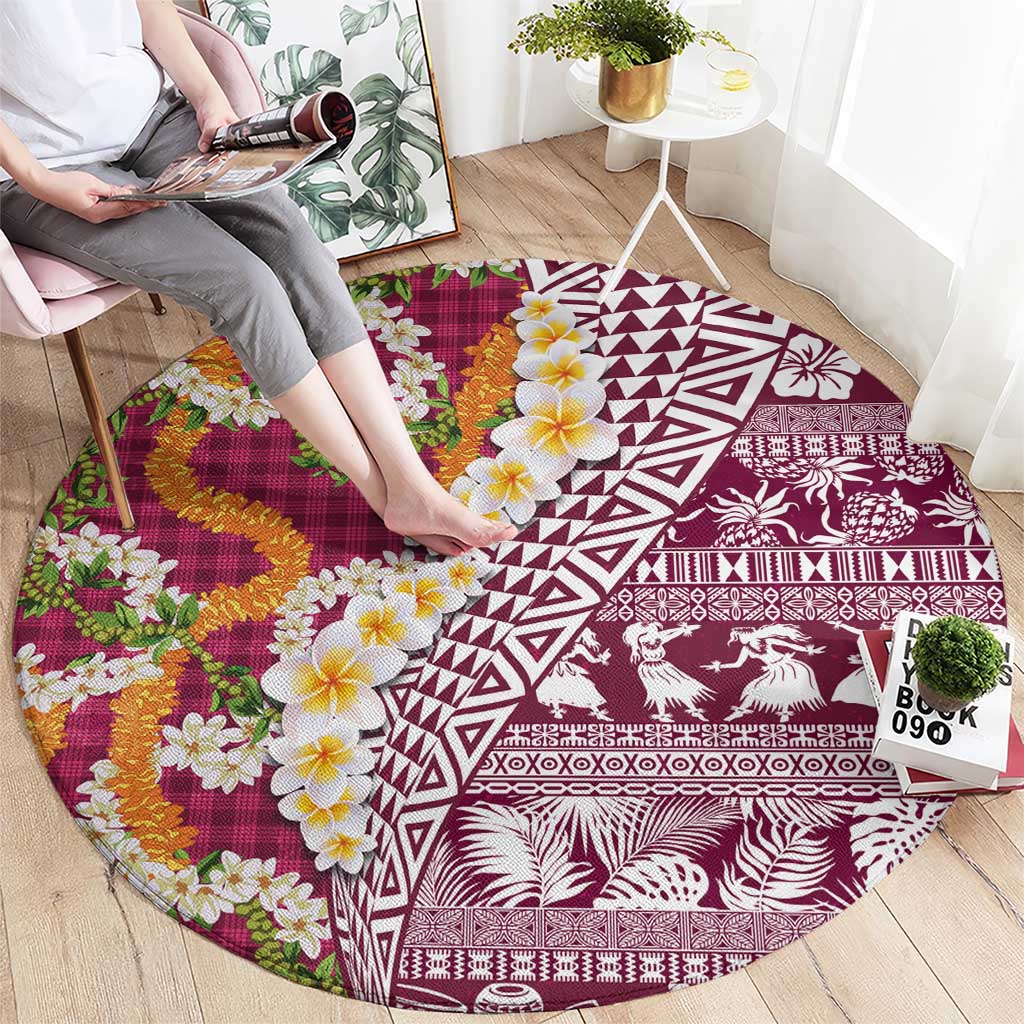 Hawaiian Plumeria Lei Round Carpet Kakau Motifs and Palaka Half Style Pink Color LT03 - Polynesian Pride