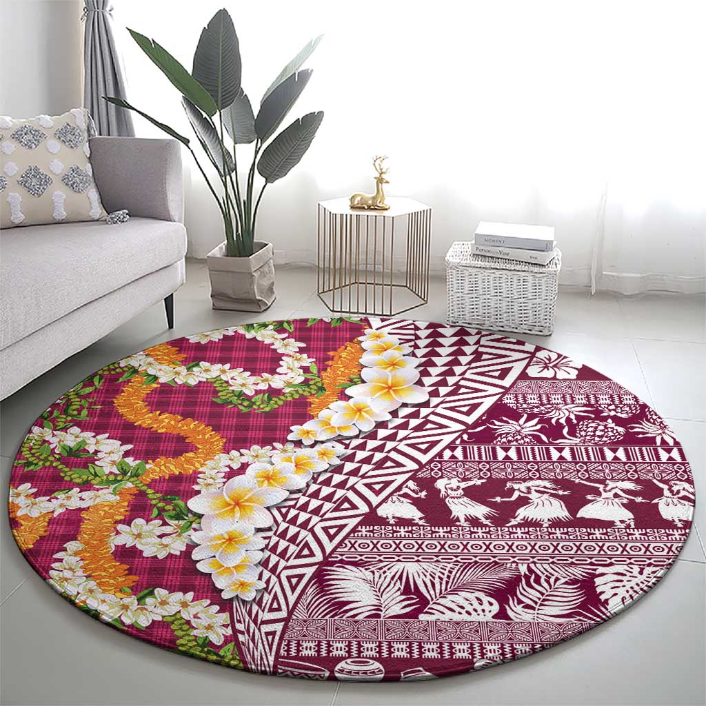 Hawaiian Plumeria Lei Round Carpet Kakau Motifs and Palaka Half Style Pink Color LT03 - Polynesian Pride