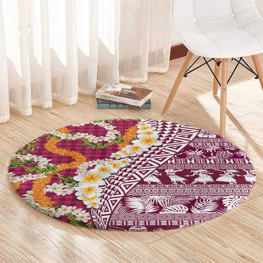 Hawaiian Plumeria Lei Round Carpet Kakau Motifs and Palaka Half Style Pink Color LT03 - Polynesian Pride