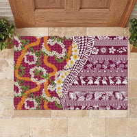 Hawaiian Plumeria Lei Rubber Doormat Kakau Motifs and Palaka Half Style Pink Color LT03 Pink - Polynesian Pride