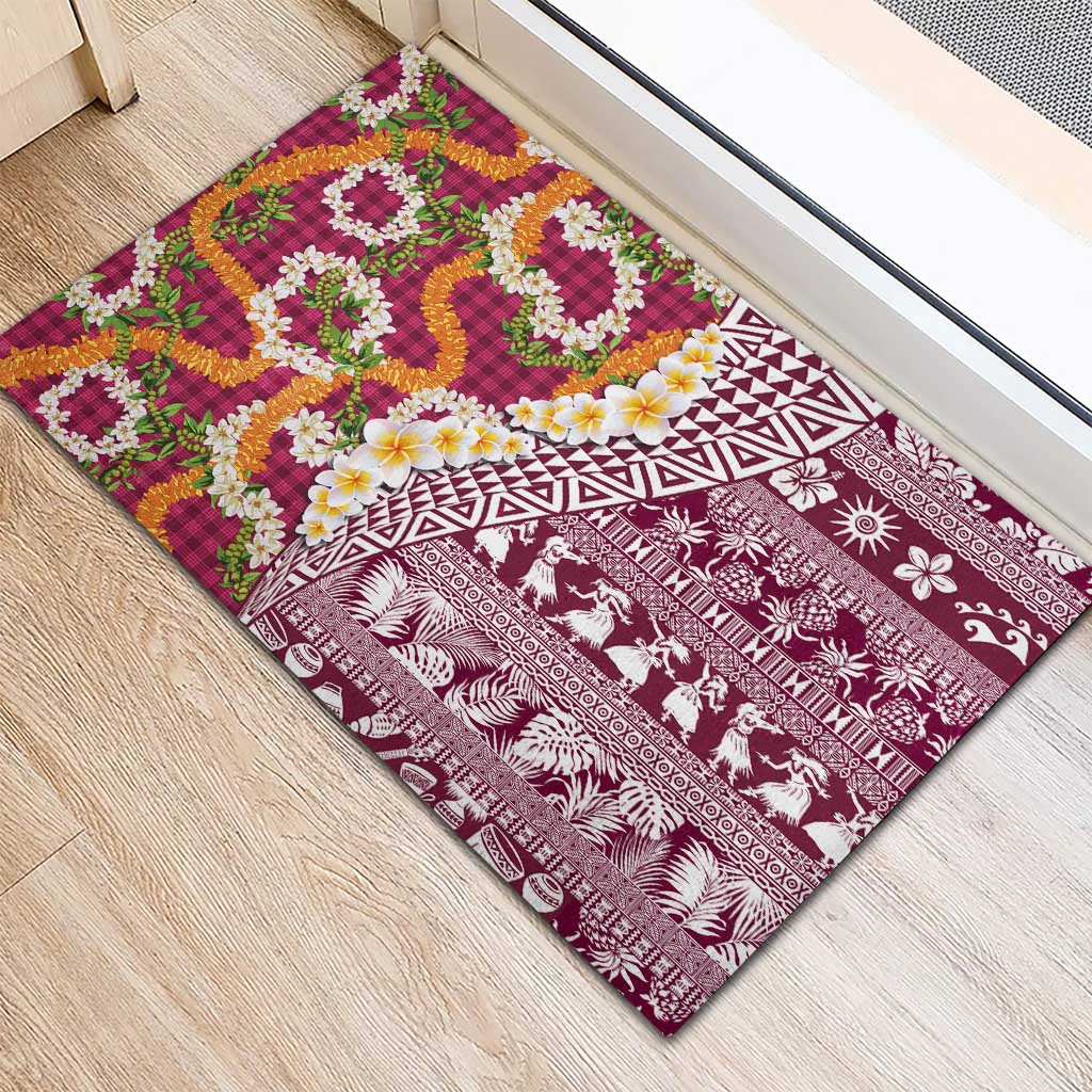 Hawaiian Plumeria Lei Rubber Doormat Kakau Motifs and Palaka Half Style Pink Color LT03 - Polynesian Pride