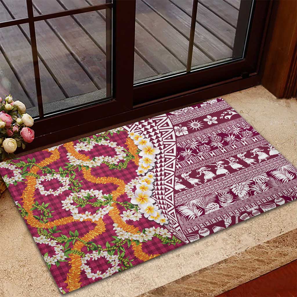 Hawaiian Plumeria Lei Rubber Doormat Kakau Motifs and Palaka Half Style Pink Color LT03 - Polynesian Pride