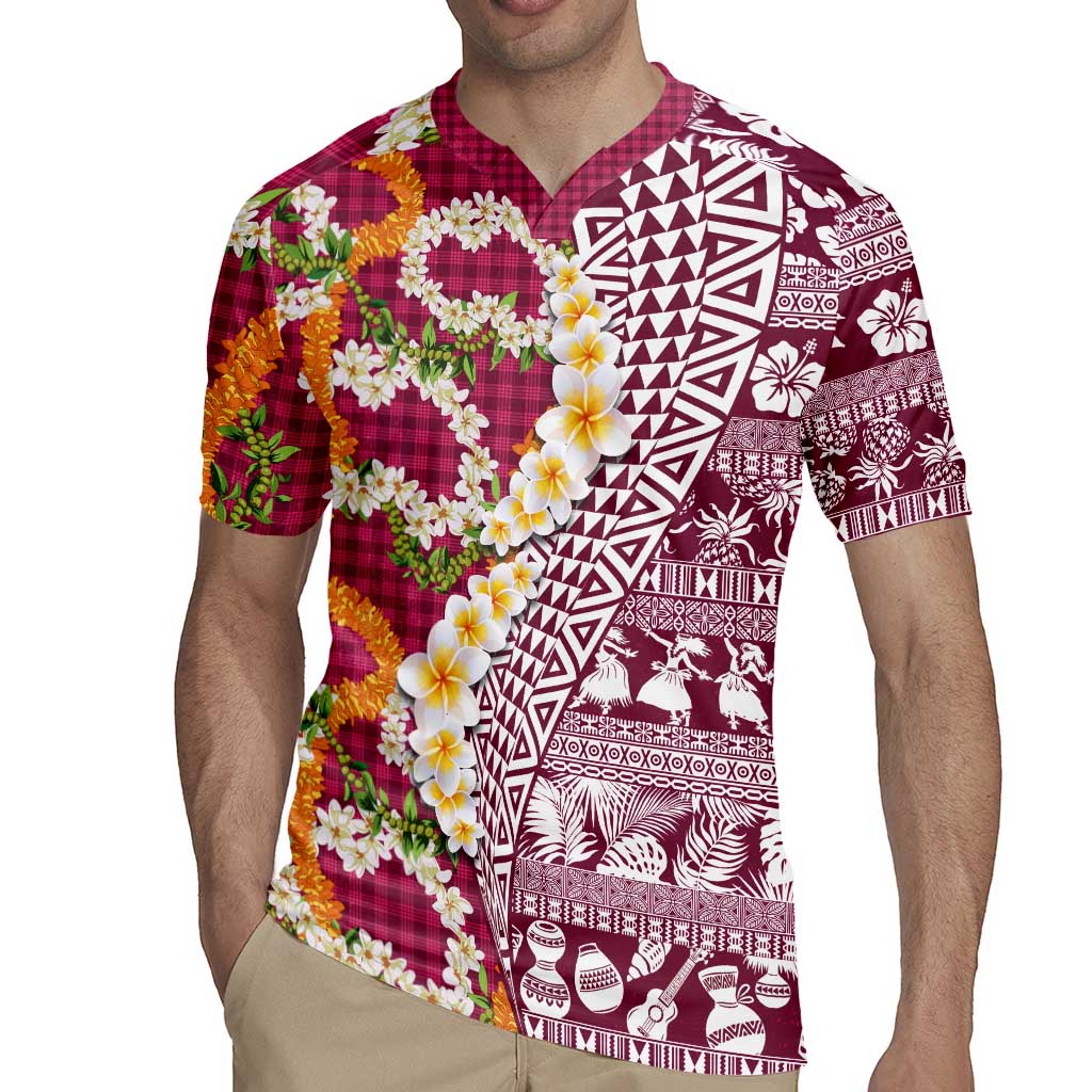 Hawaiian Plumeria Lei Rugby Jersey Kakau Motifs and Palaka Half Style Pink Color LT03 - Polynesian Pride