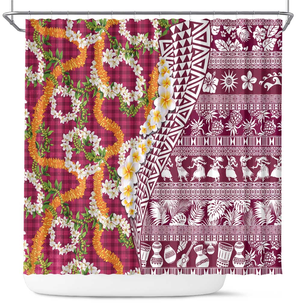 Hawaiian Plumeria Lei Shower Curtain Kakau Motifs and Palaka Half Style Pink Color LT03 Pink - Polynesian Pride
