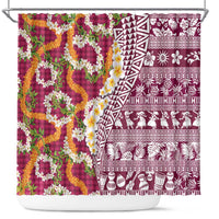 Hawaiian Plumeria Lei Shower Curtain Kakau Motifs and Palaka Half Style Pink Color LT03 Pink - Polynesian Pride