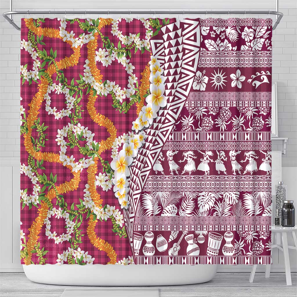 Hawaiian Plumeria Lei Shower Curtain Kakau Motifs and Palaka Half Style Pink Color LT03 - Polynesian Pride