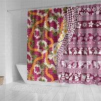 Hawaiian Plumeria Lei Shower Curtain Kakau Motifs and Palaka Half Style Pink Color LT03 - Polynesian Pride