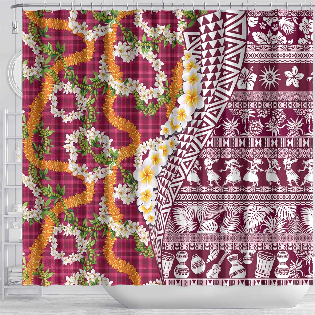 Hawaiian Plumeria Lei Shower Curtain Kakau Motifs and Palaka Half Style Pink Color LT03 - Polynesian Pride