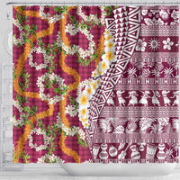 Hawaiian Plumeria Lei Shower Curtain Kakau Motifs and Palaka Half Style Pink Color LT03 - Polynesian Pride
