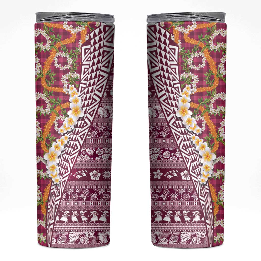 Hawaiian Plumeria Lei Skinny Tumbler Kakau Motifs and Palaka Half Style Pink Color LT03 Pink - Polynesian Pride
