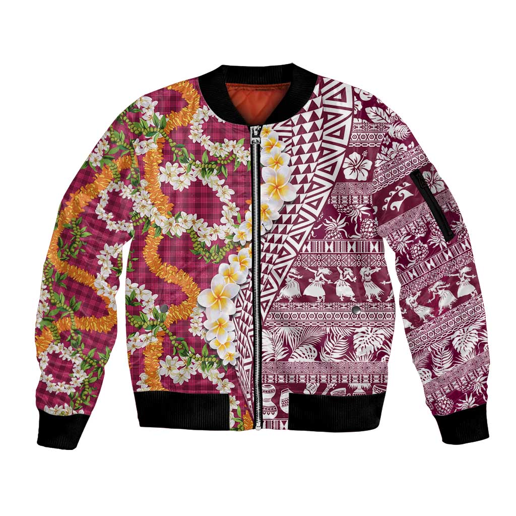 Hawaiian Plumeria Lei Sleeve Zip Bomber Jacket Kakau Motifs and Palaka Half Style Pink Color LT03 Unisex Pink - Polynesian Pride