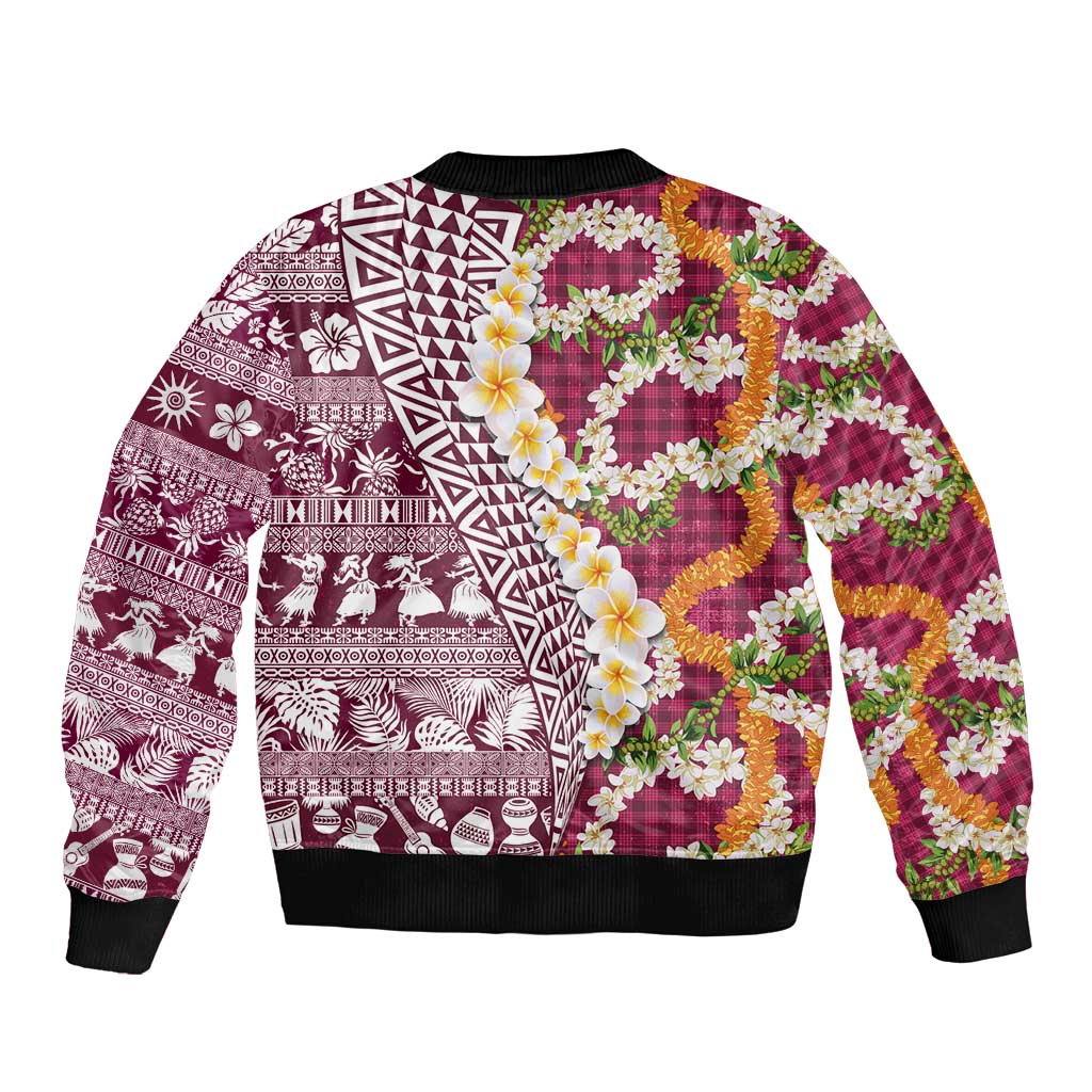 Hawaiian Plumeria Lei Sleeve Zip Bomber Jacket Kakau Motifs and Palaka Half Style Pink Color LT03 - Polynesian Pride