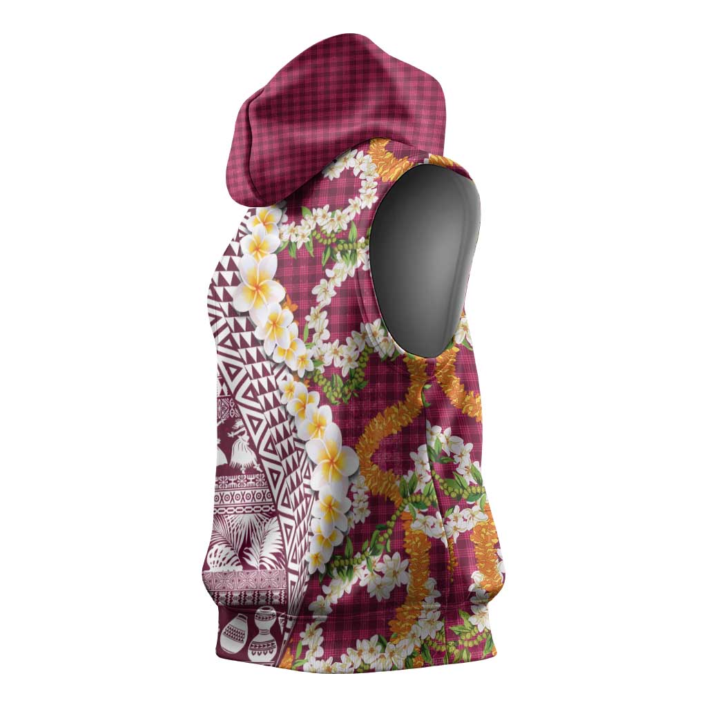 Hawaiian Plumeria Lei Sleeveless Hoodie Kakau Motifs and Palaka Half Style Pink Color LT03 - Polynesian Pride