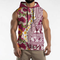 Hawaiian Plumeria Lei Sleeveless Hoodie Kakau Motifs and Palaka Half Style Pink Color LT03 - Polynesian Pride