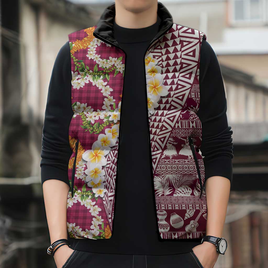 Hawaiian Plumeria Lei Sleeveless Puffer Jacket Kakau Motifs and Palaka Half Style Pink Color LT03 - Polynesian Pride