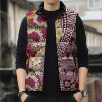 Hawaiian Plumeria Lei Sleeveless Puffer Jacket Kakau Motifs and Palaka Half Style Pink Color LT03 - Polynesian Pride