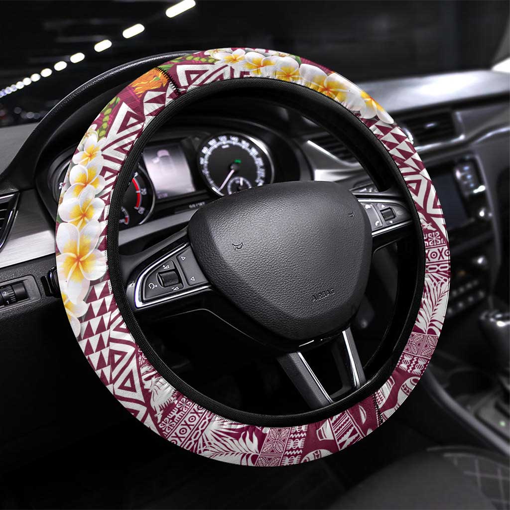 Hawaiian Plumeria Lei Steering Wheel Cover Kakau Motifs and Palaka Half Style Pink Color LT03 Universal Fit Pink - Polynesian Pride
