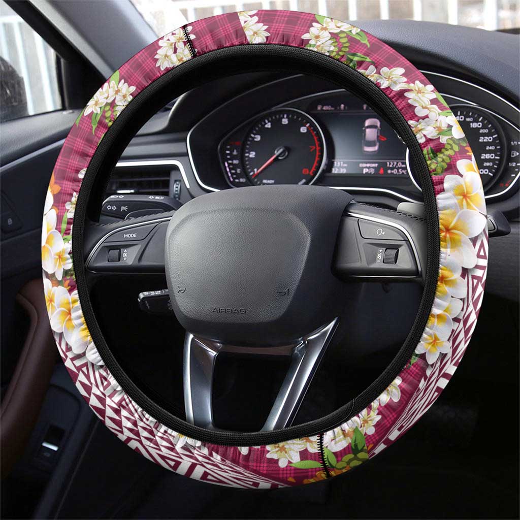 Hawaiian Plumeria Lei Steering Wheel Cover Kakau Motifs and Palaka Half Style Pink Color LT03 - Polynesian Pride