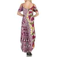 Hawaiian Plumeria Lei Summer Maxi Dress Kakau Motifs and Palaka Half Style Pink Color LT03 - Polynesian Pride