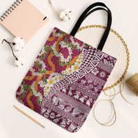 Hawaiian Plumeria Lei Tote Bag Kakau Motifs and Palaka Half Style Pink Color LT03 Black Strap One Size Pink - Polynesian Pride