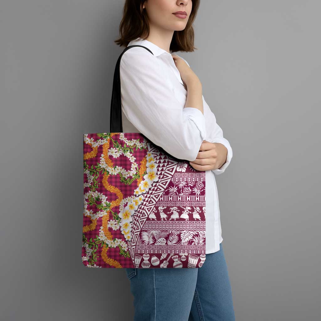 Hawaiian Plumeria Lei Tote Bag Kakau Motifs and Palaka Half Style Pink Color LT03 - Polynesian Pride