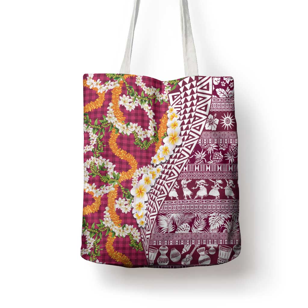 Hawaiian Plumeria Lei Tote Bag Kakau Motifs and Palaka Half Style Pink Color LT03 - Polynesian Pride