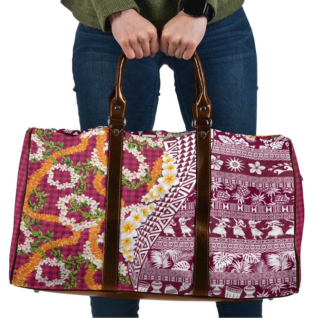 Hawaiian Plumeria Lei Travel Bag Kakau Motifs and Palaka Half Style Pink Color LT03 Pink - Polynesian Pride